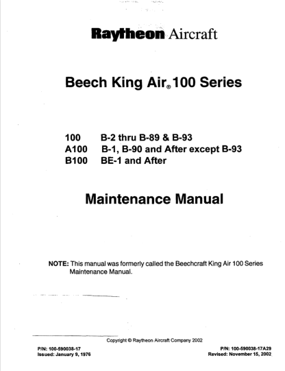 Beech King Air 100 Series Aircraft Maintenance Manual (AMM) Download