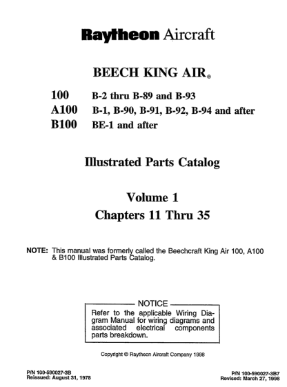 Beech King Air 100 Series Aircraft Illustrated Parts Catalog (IPC) Download