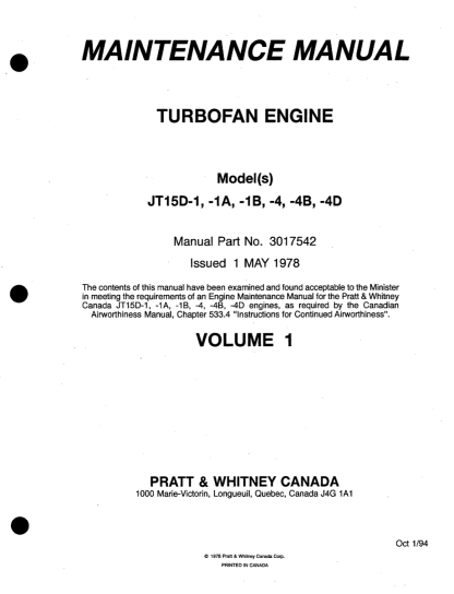 Pratt & Whitney JT15D Maintenance Manual (MM) Download